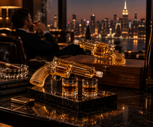 Gentlemans Revolver decanters styled in a city lounge. One empty decanter with stopper per order; glasses, boxes and alcohol not included.