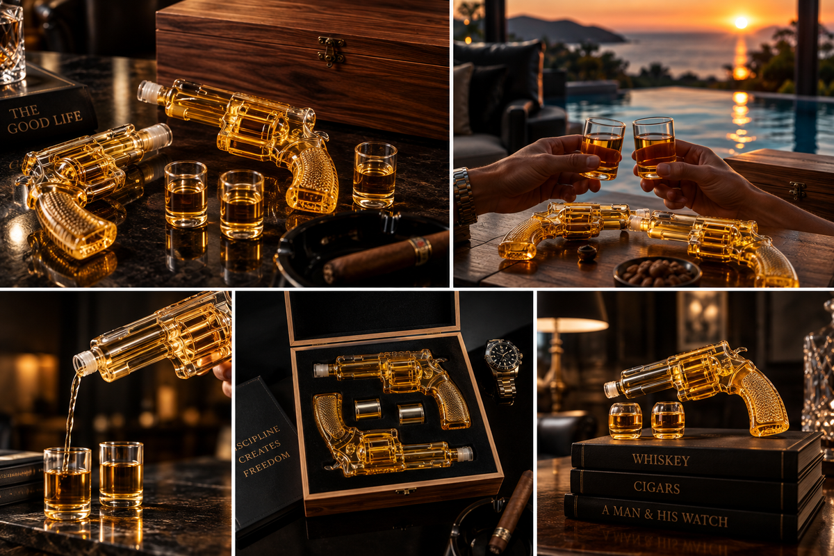 Lifestyle collage of Gentlemans Revolver. One empty decanter with stopper per order; glasses, boxes and alcohol not included.
